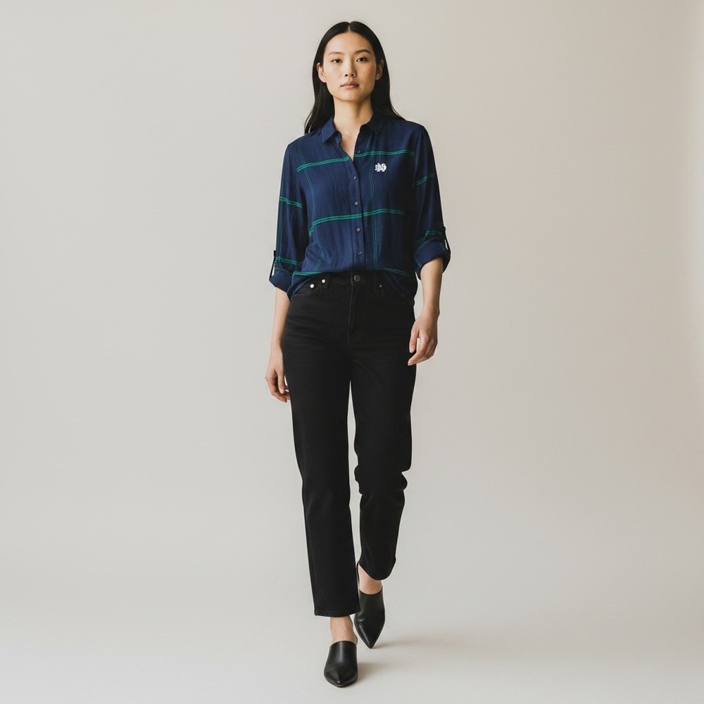 UG Apparel Notre Dame Shirt Womens Medium Navy Blue Green Plaid Preppy NWT